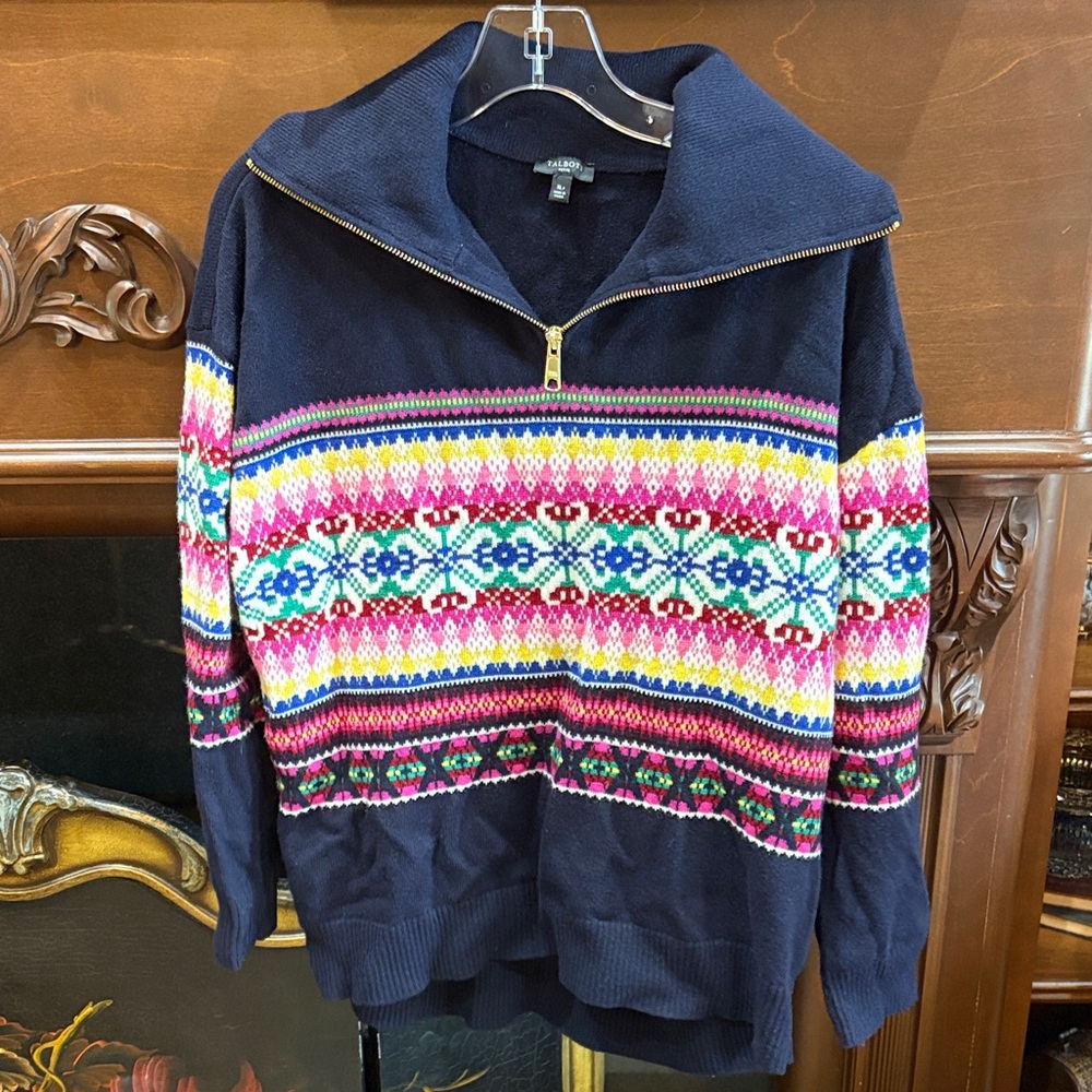 Talbots Navy Zip-Up Sweater with Multicolor Pattern